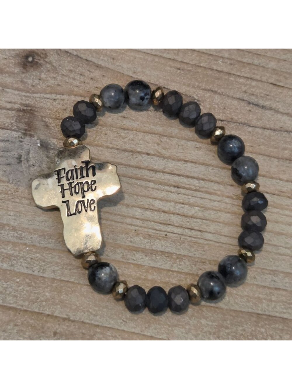 Gold Cross & Black Beaded Stretch Bracelet Faith Hope Love 1 Corinthians
